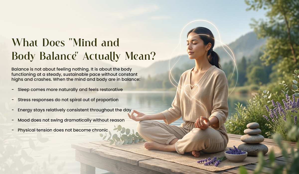 Woman in beige clothing meditating by a lake, with text about mind and body balance.